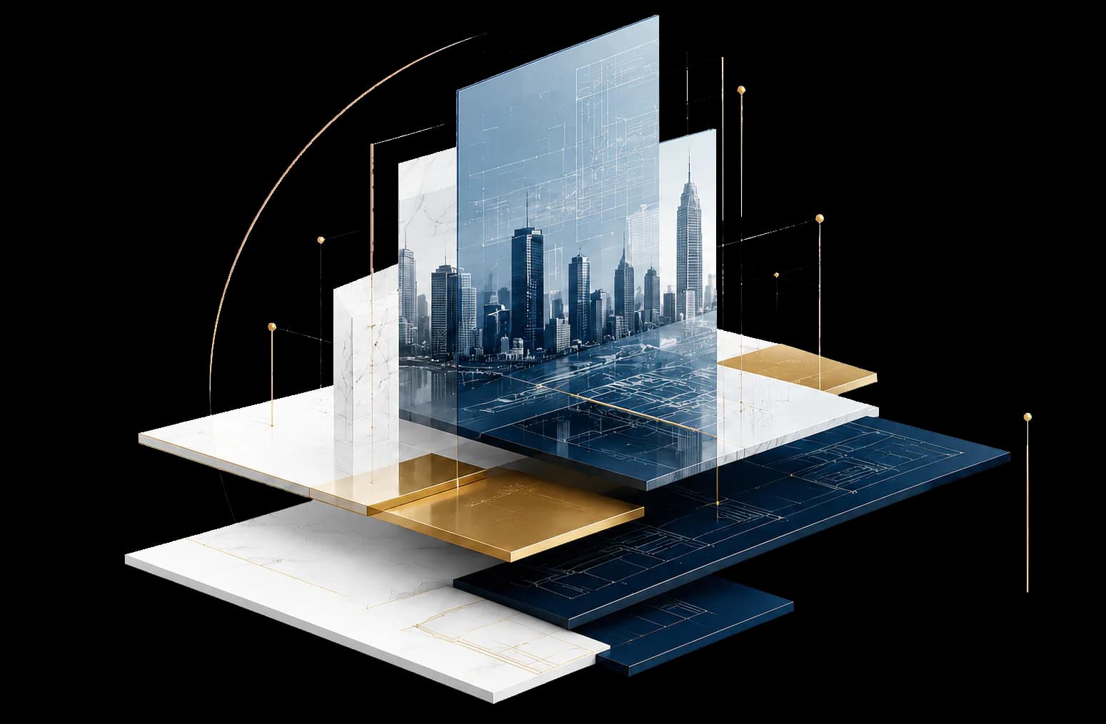 Layered navy, white, and yellow architectural system with a city skyline and technical plans