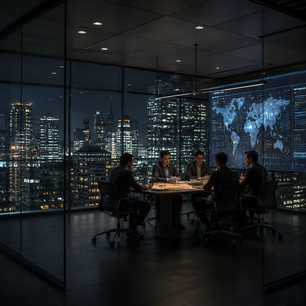 Technology leadership team reviewing global operations in a strategy room at night