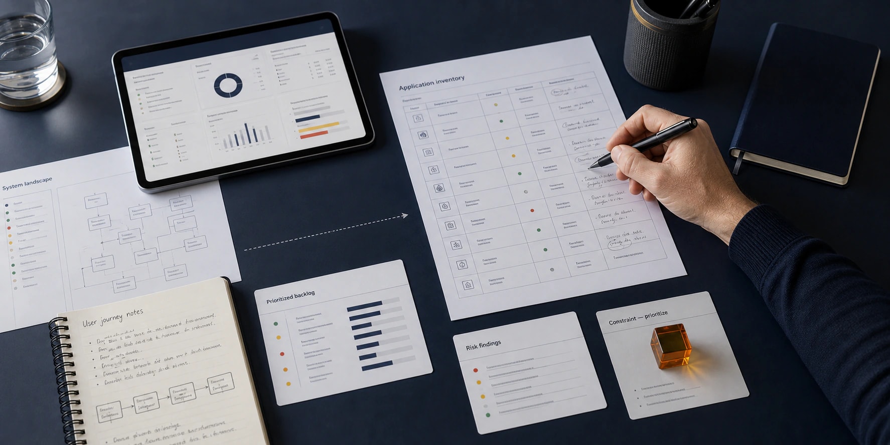 Hands reviewing an application inventory, audit evidence, and a prioritized software backlog on a discovery table