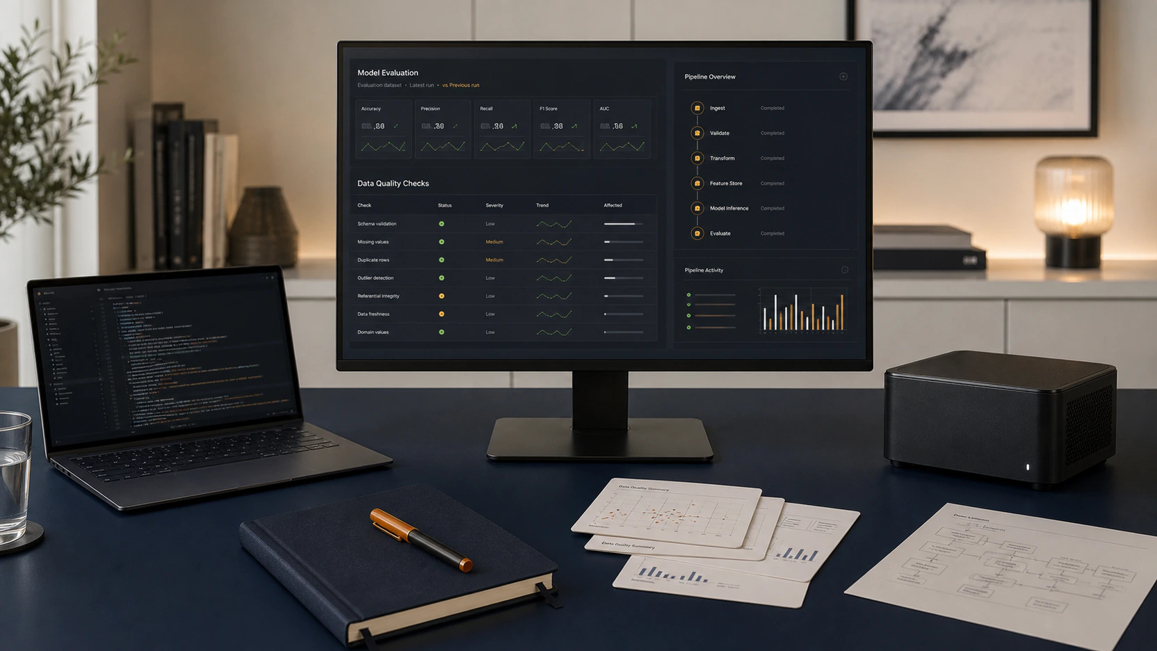 Data-engineering workspace combining model evaluation, pipeline evidence, compute hardware, and a cobalt processing form