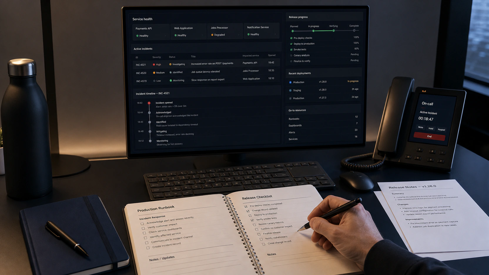 Software operations desk with observability, release handover, incident notes, on-call device, and a working runbook