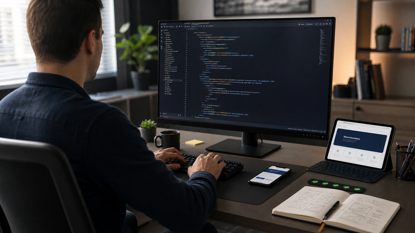 Software developer coding and testing a web and mobile application with separate test devices and component notes
